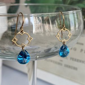 14k gold filled hook earrings with blue crystal teardrop shaped stones